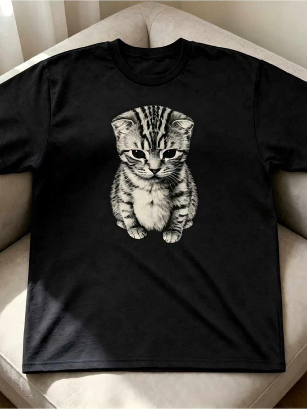 Black Short Sleeve Tee with Monochrome Kitten Graphic